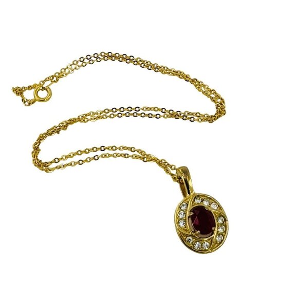 Red CZ Accented Clear Rhinestone Pendant Over Gold Plated Cable Chain Necklace - Picture 2 of 6